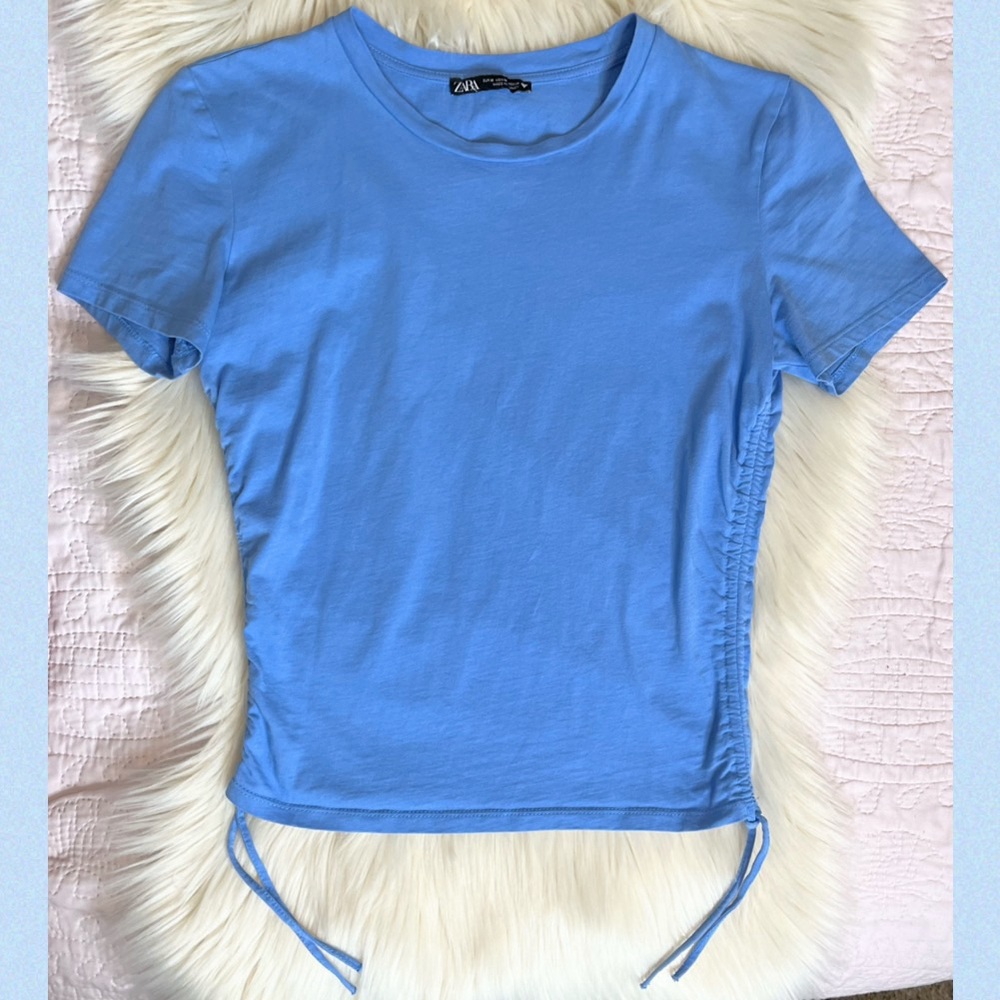 Zara Side Tie Ruched Short Sleeve Basic Cropped Shirt size Medium